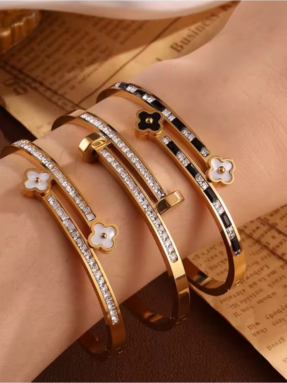 3pcs Gold Floral Accent Bangle Bracelet stainless steel for women waterproof